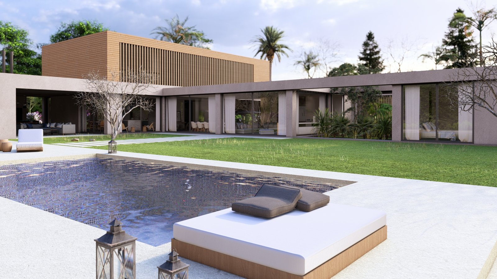 Casa moderna con piscina y área de estar exterior — proyecto Casa FP, por Hermann Arquitectos, en San Isidro